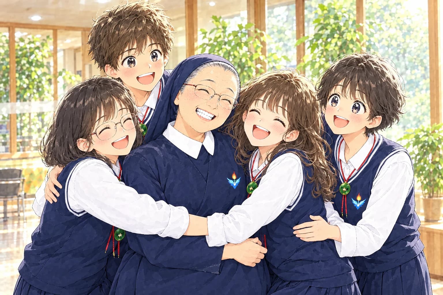 수녀님과 빈첸시안들이 서로 끌어안고 활짝 웃고 있는 그림