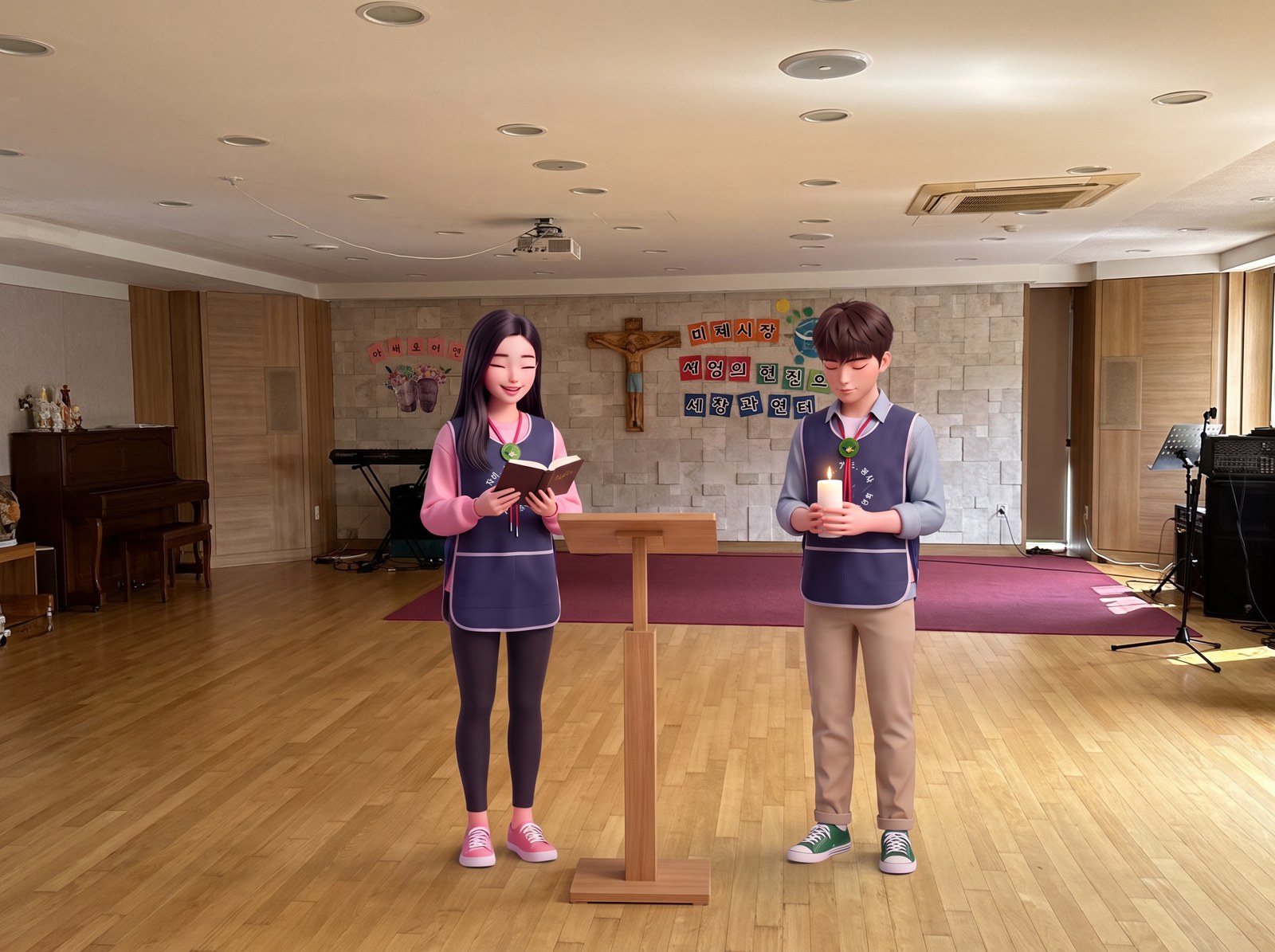 빈청 캐릭터들이 미사 전례와 기도 모임을 준비하는 영성부 그림