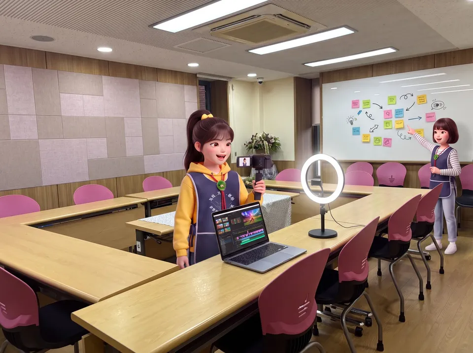 빈청 캐릭터들이 노트북과 조명으로 영상을 찍고 아이디어를 붙이는 기획부 그림