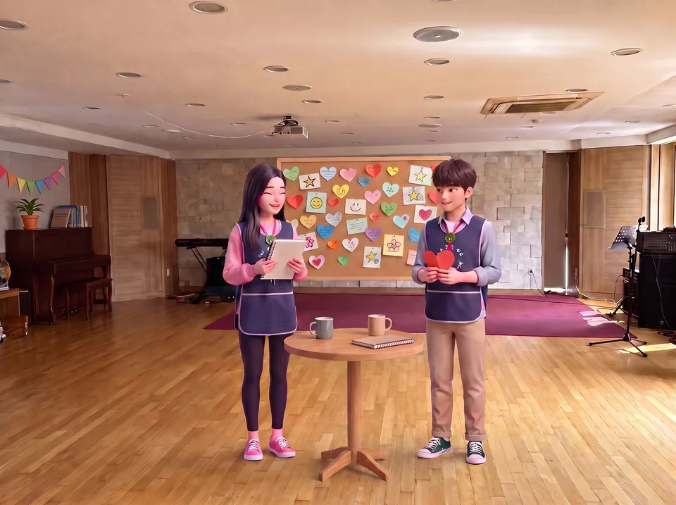 하트 쪽지 게시판 앞에서 공책과 종이 하트를 들고 이야기를 나누는 영성부 친구들 그림